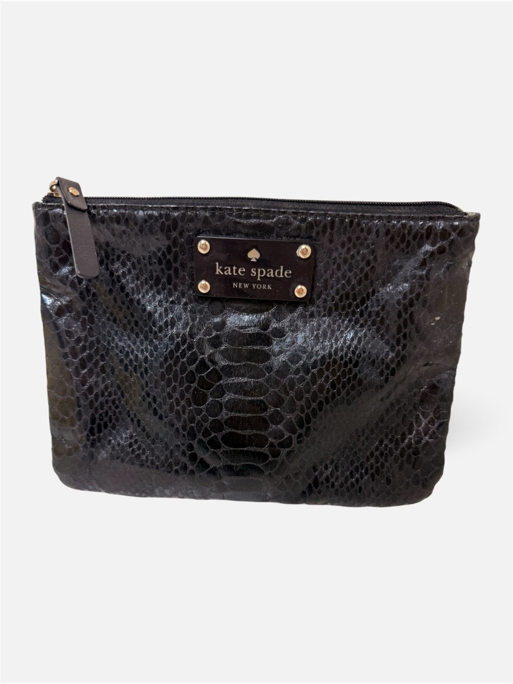 Kate Spade Black Embossed Snake-Print Cosmetic Pouch Python Skin Textured - Picture 2 of 13